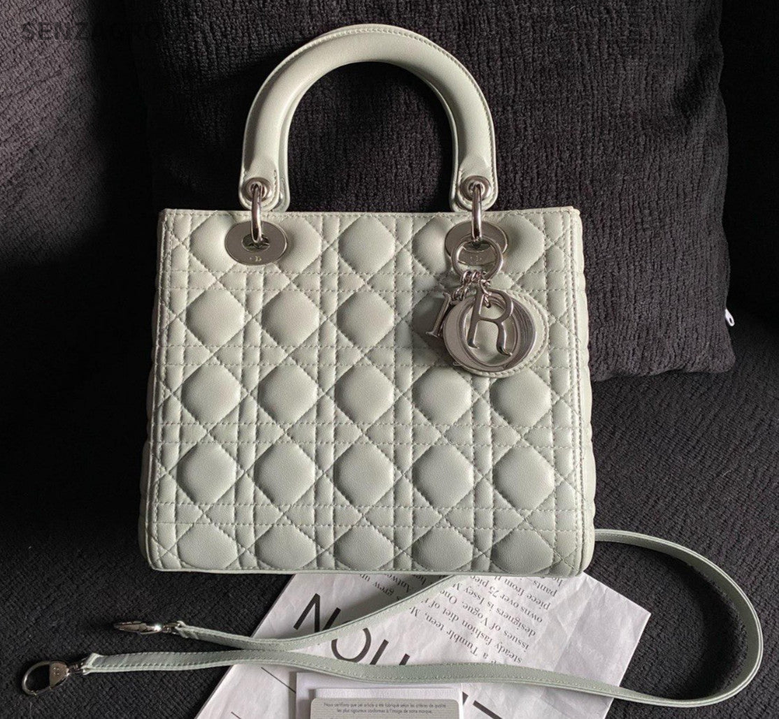 Christian Dior Lady Dior 2Way Top Handle Bag Crossbody Blue Silver Women Classic
