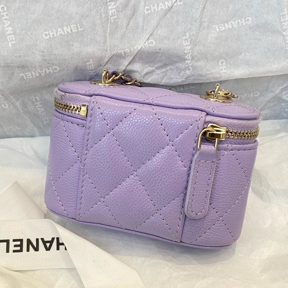 Chanel Vanity Case Chain Top Handle Bag Purple Gold Diamond Women Classic