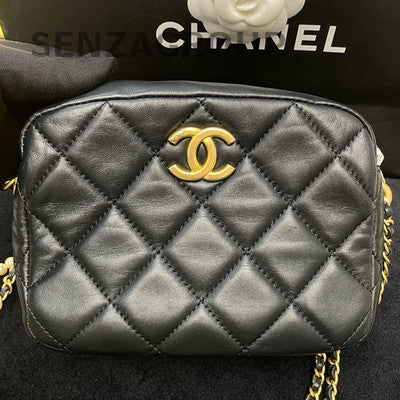 Chanel 21K Black Gold Quilted Camera Bag with Pearl Chain Strap