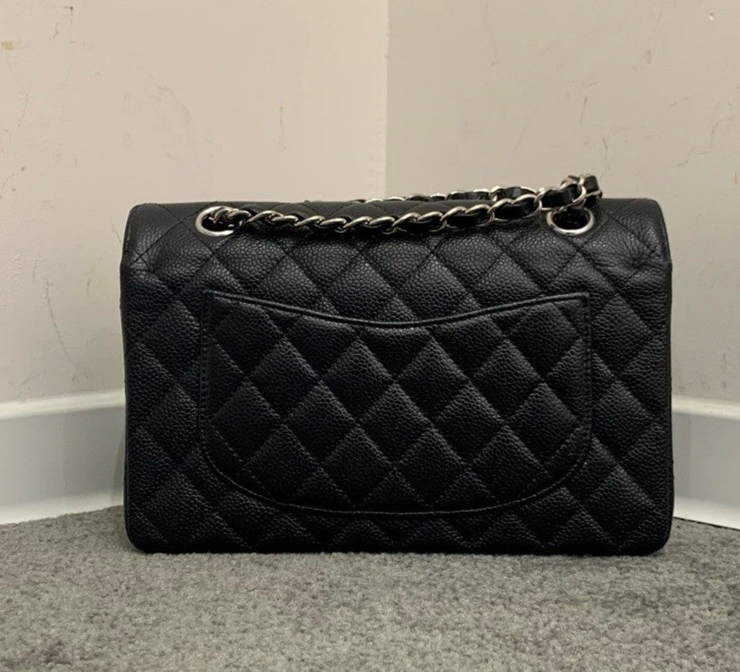 Chanel Classic Flap PM Calfskin Chain Shoulder Bag Crossbody Black Silver Women