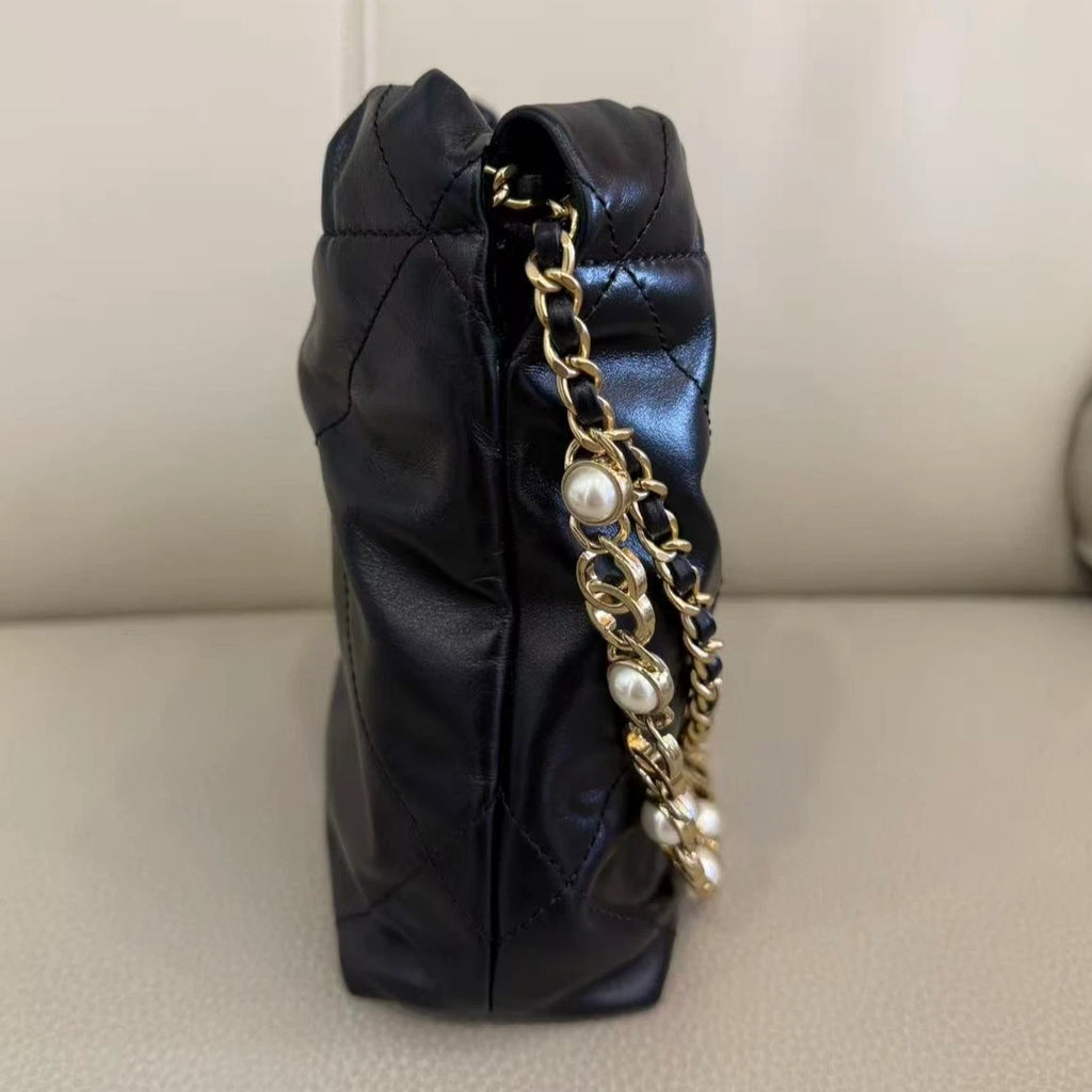 CHANEL 22 Bag Mini Nylon Black Gold Pearl Chain Tote For Women