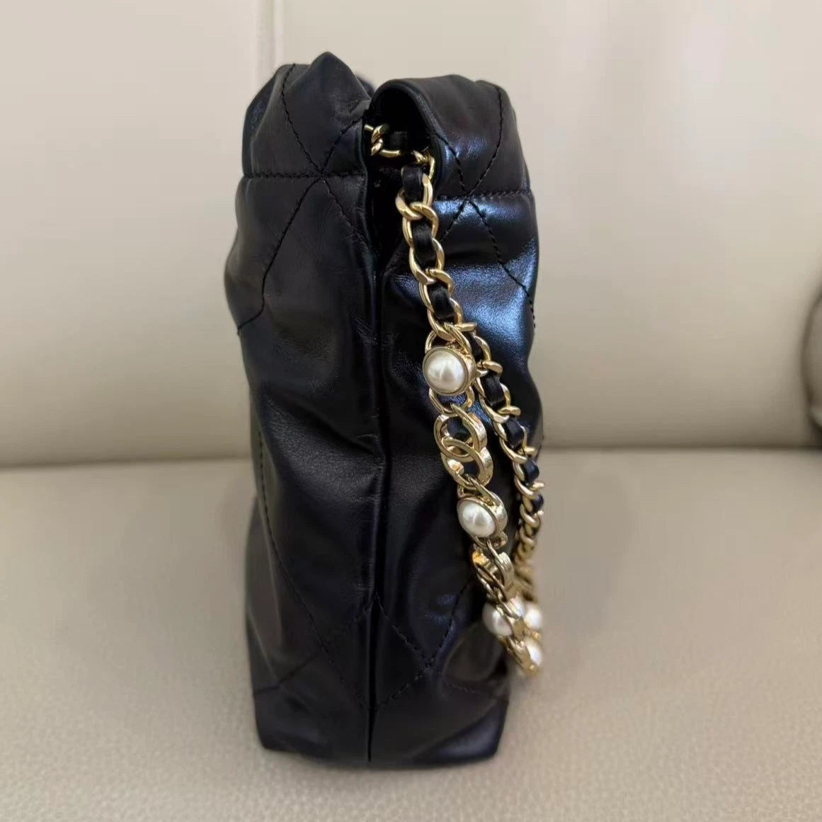 CHANEL 22 Bag Mini Nylon Black Gold Pearl Chain Tote For Women