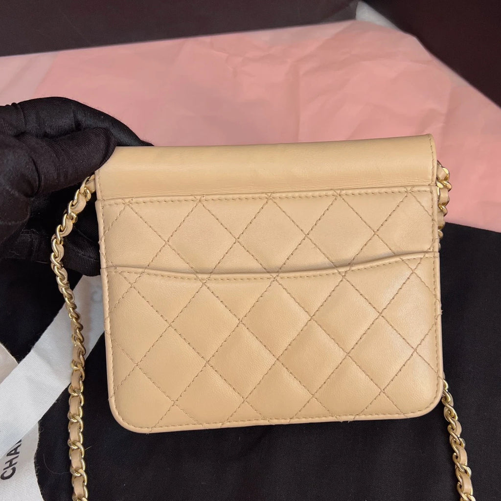 Chanel Woc Mini Calfskin Chain Shoulder Crossbody Beige Gold Excellent