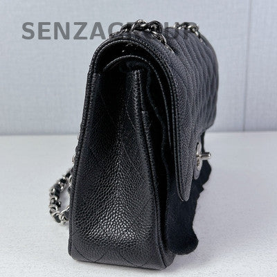 Chanel Classic Flap Calfskin Chain Shoulder Bag Black Silver Women