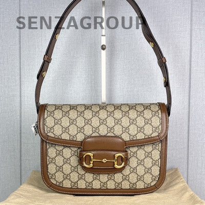 Gucci Horsebit 1955 GG Monogram Shoulder Bag Brown Gold Hardware