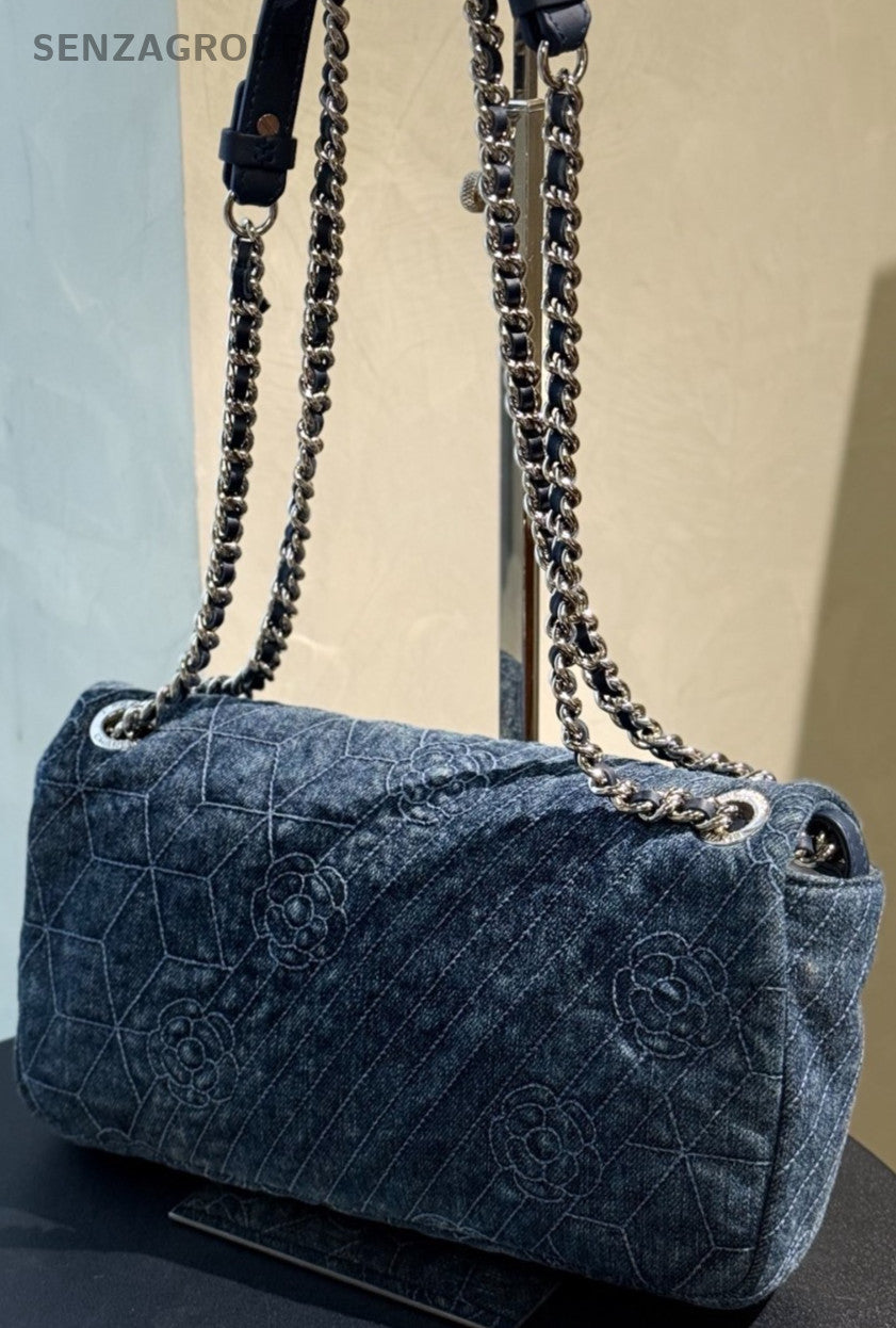 Chanel Classic Flap Denim MM Double Chains Shoulder Bag Blue Women Designer