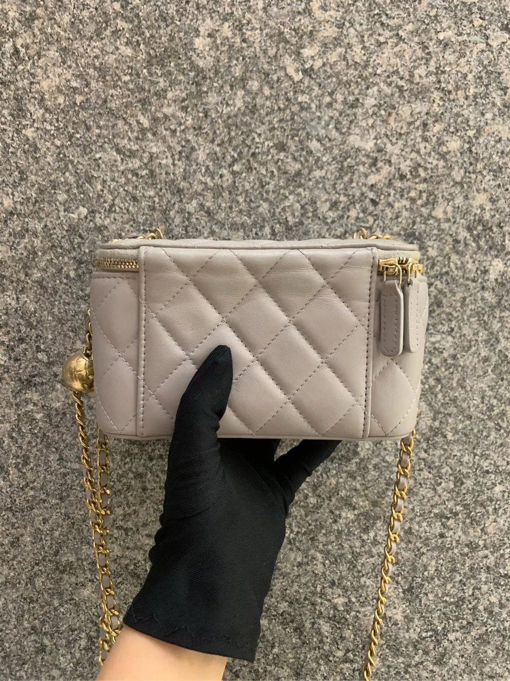 CHANEL Gray Lambskin Gold Ball Long Box Shoulder Bag Women