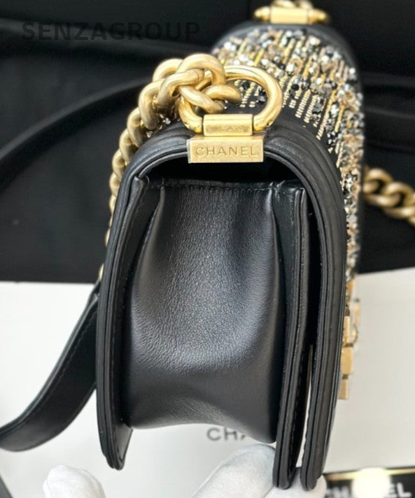 Chanel Leboy PM Rhinestone Chain Calfskin Black Gold Women Classic Designer