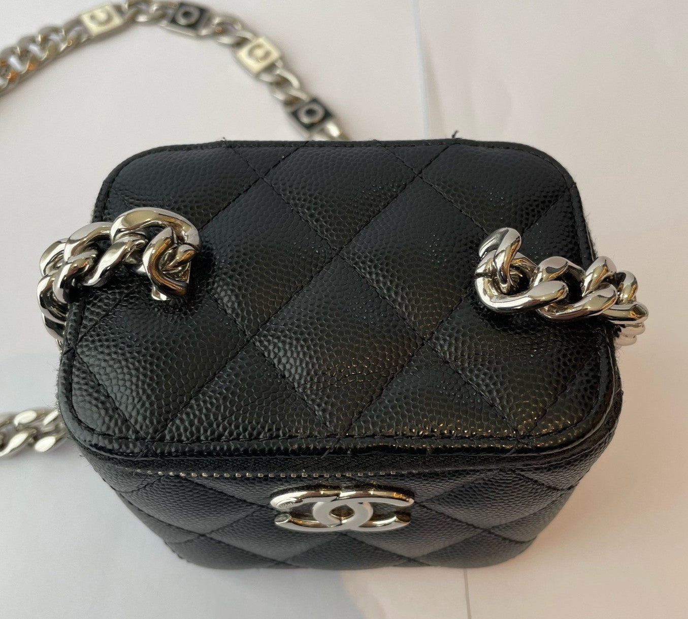 Chanel Vanity Case Mini Calfskin Chain Shoulder Bag Crossbody Black Silver Women
