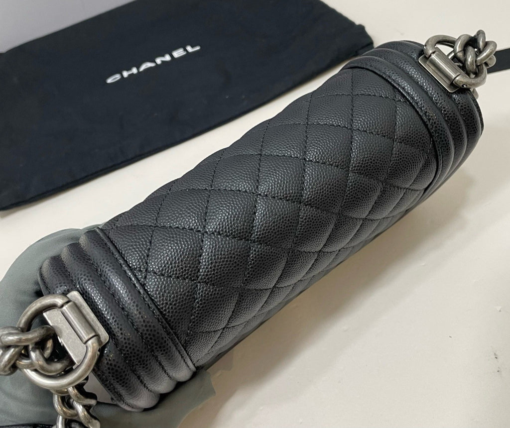 Chanel Leboy PM Calfskin Chain Shoulder Bag Black Silver Women Diamond Classic