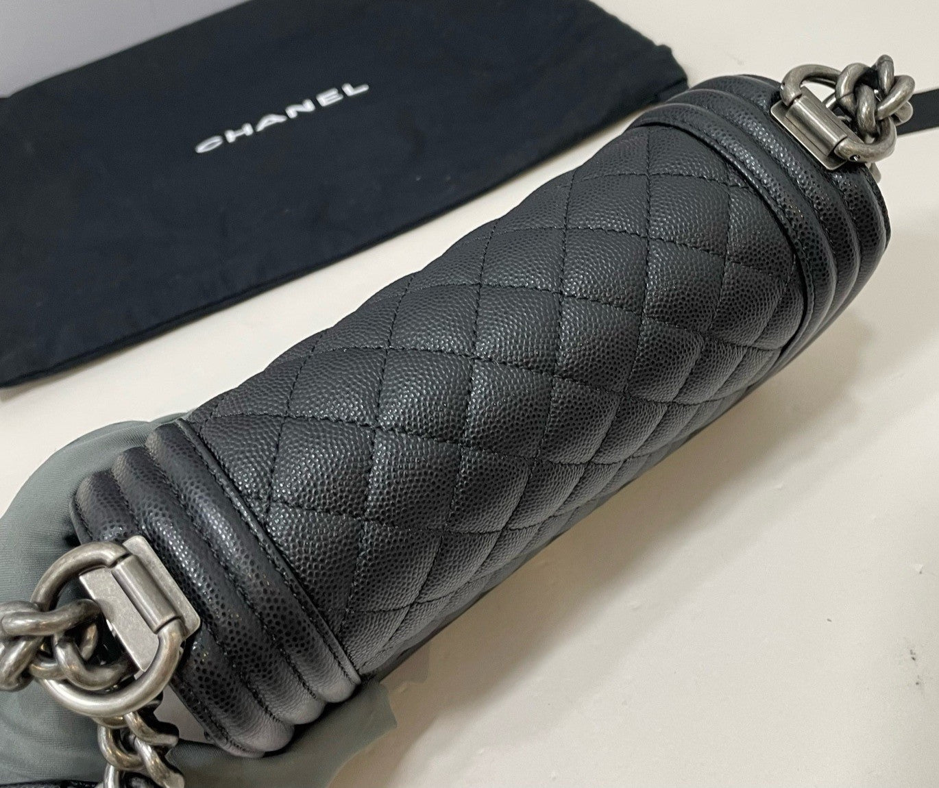 Chanel Leboy PM Calfskin Chain Shoulder Bag Black Silver Women Diamond Classic