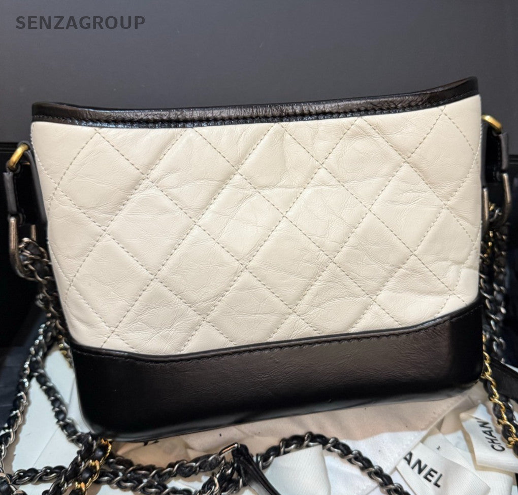 Chanel Gabrielle PM Chain Shoulder Bag Black White Gold Diamond Women Classic