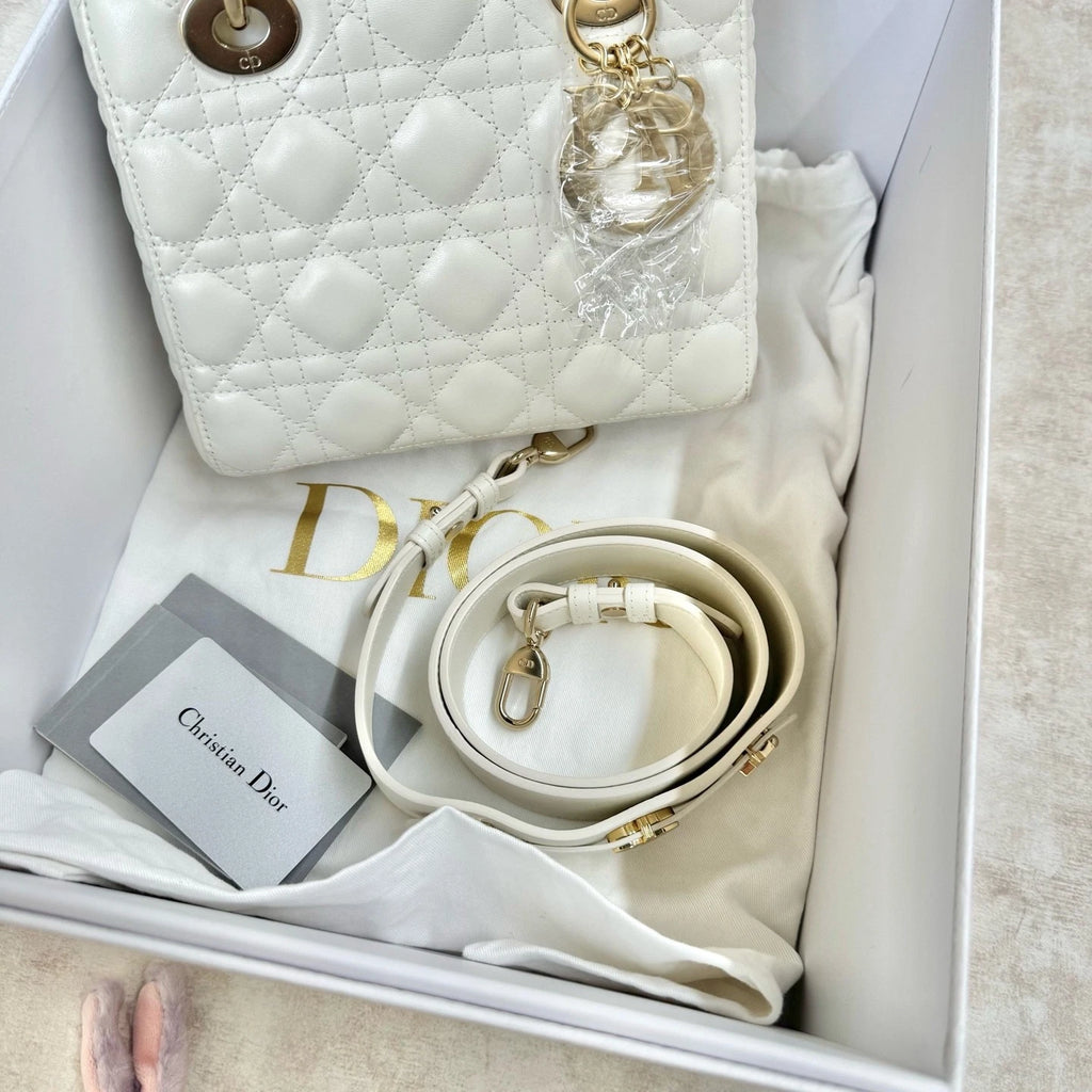 Dior White Leather 4-Grid Lady Dior Top Handle Bag For Women