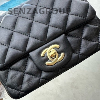 Chanel 25S Black Gold Quilted Lambskin Mini Square Flap Bag Chain Crossbody