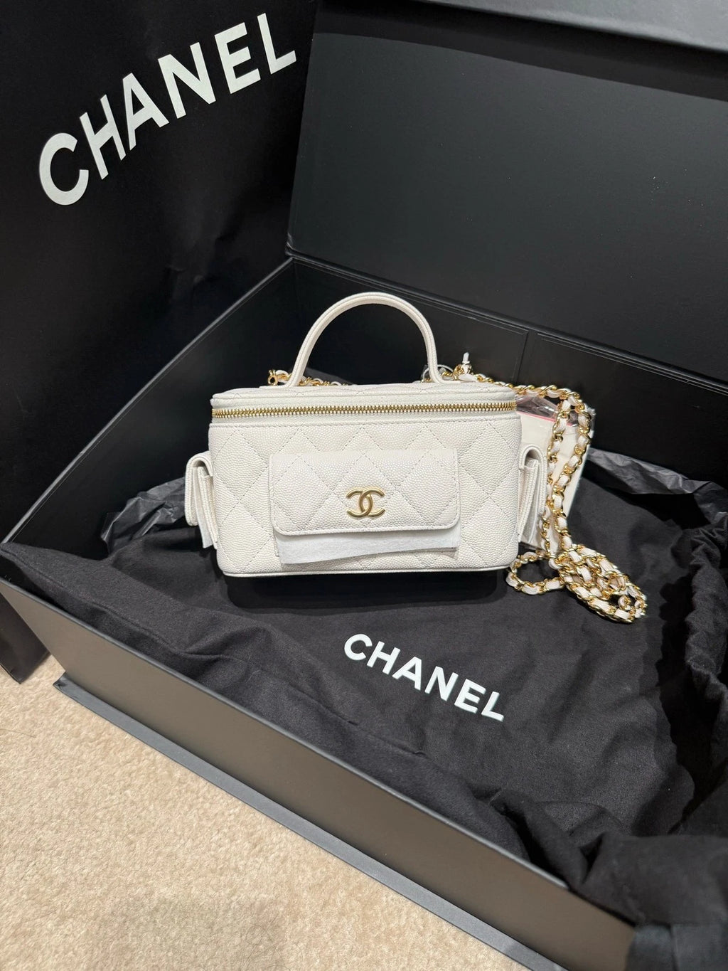 CHANEL 23 Chip Cargo Shoulder Bag White Gold Leather For Women