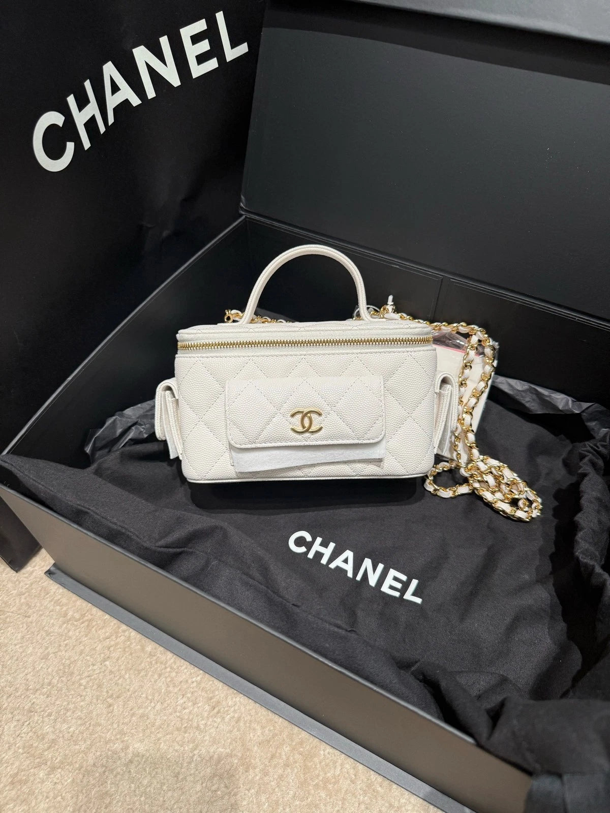 CHANEL 23 Chip Cargo Shoulder Bag White Gold Leather For Women