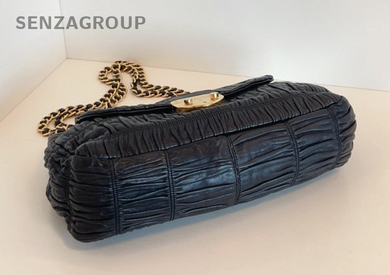 PRADA XXL Hobo Wrinkled patterns Chain Shoulder bag Black Gold Women