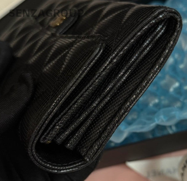 Chanel Diamond Pattern Long Wallet Black Gold Women Classic