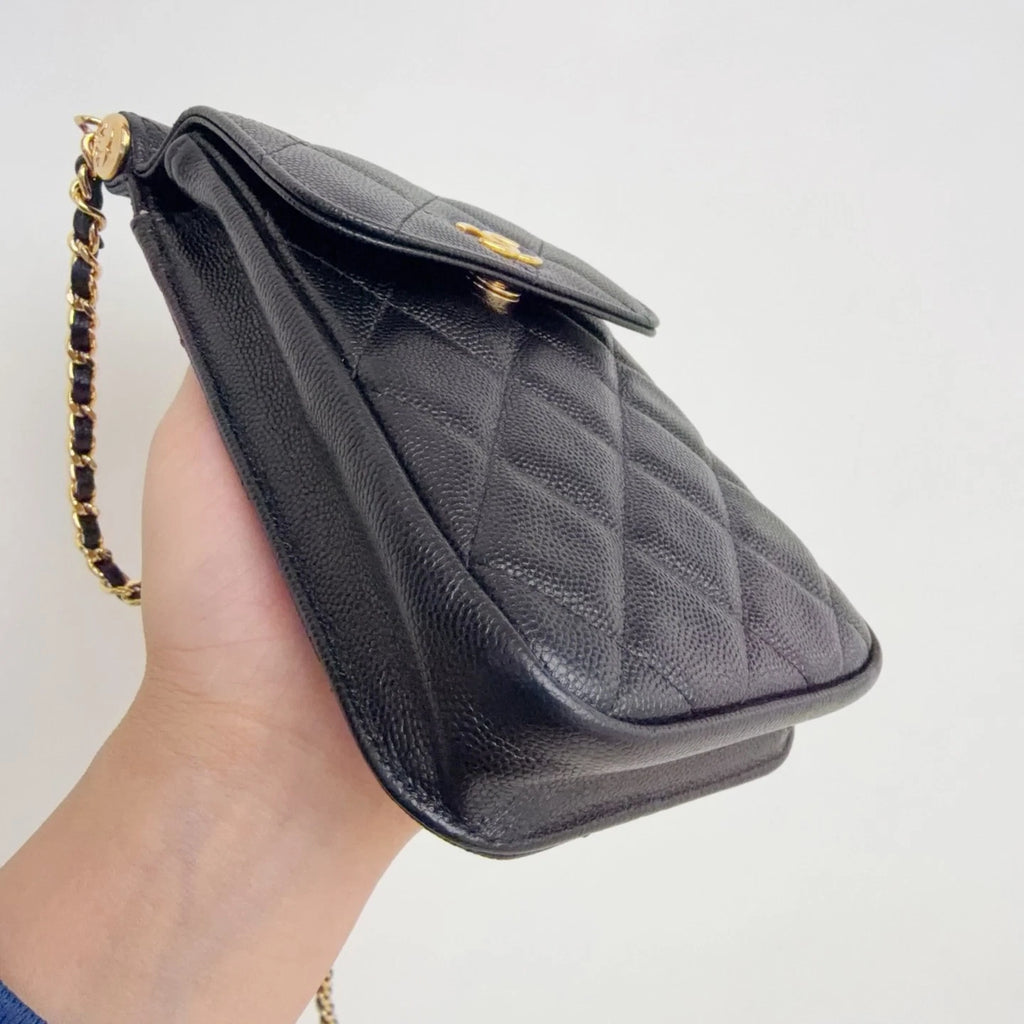 Chanel Caviar Leather Phone Case Crossbody Bag Card Holder Black Classic