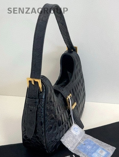 YSL Saint Laurent Croc-Embossed Hobo Shoulder Pea Bag Black Women