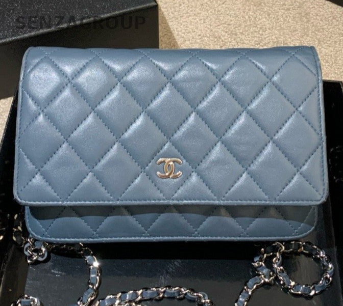 Chanel WOC Chain Lambskin Crossbody Blue Silver Used Women Classic