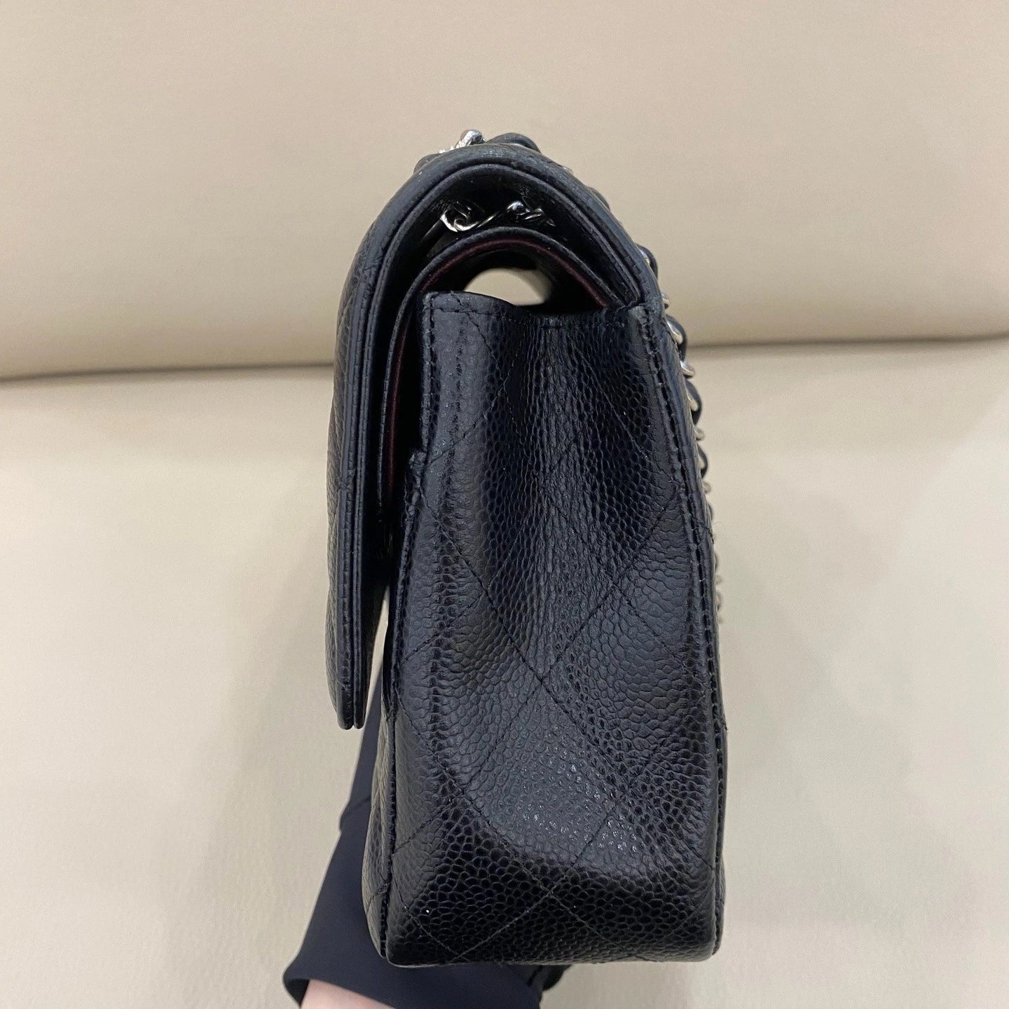 Chanel Classic Flap MM Calfskin Chain Shoulder Crossbody Black Silver Women