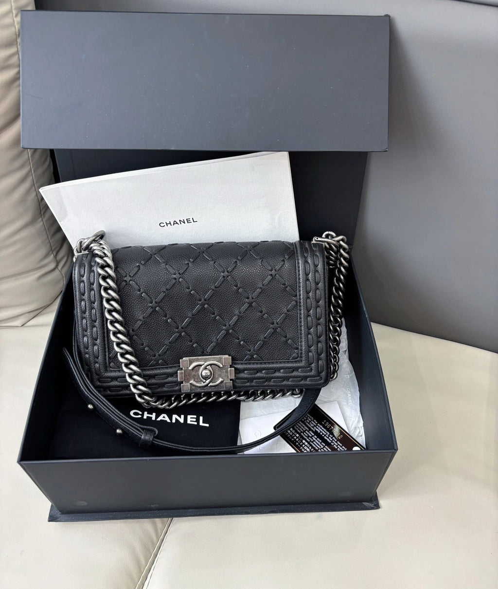 Chanel Le Boy Medium Edition Crossbody Shoulder Bag Black Silver Women Classic