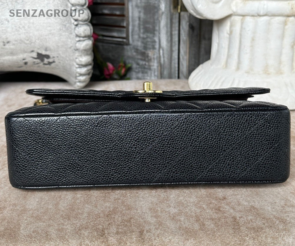 Chanel Classic Flap MM Calfskin Shoulder Bag Crossbody Black Gold Women Fashion