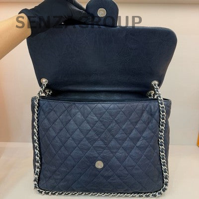 Chanel Classic Quilted Blue Silver Chain Shoulder Crossbody Bag