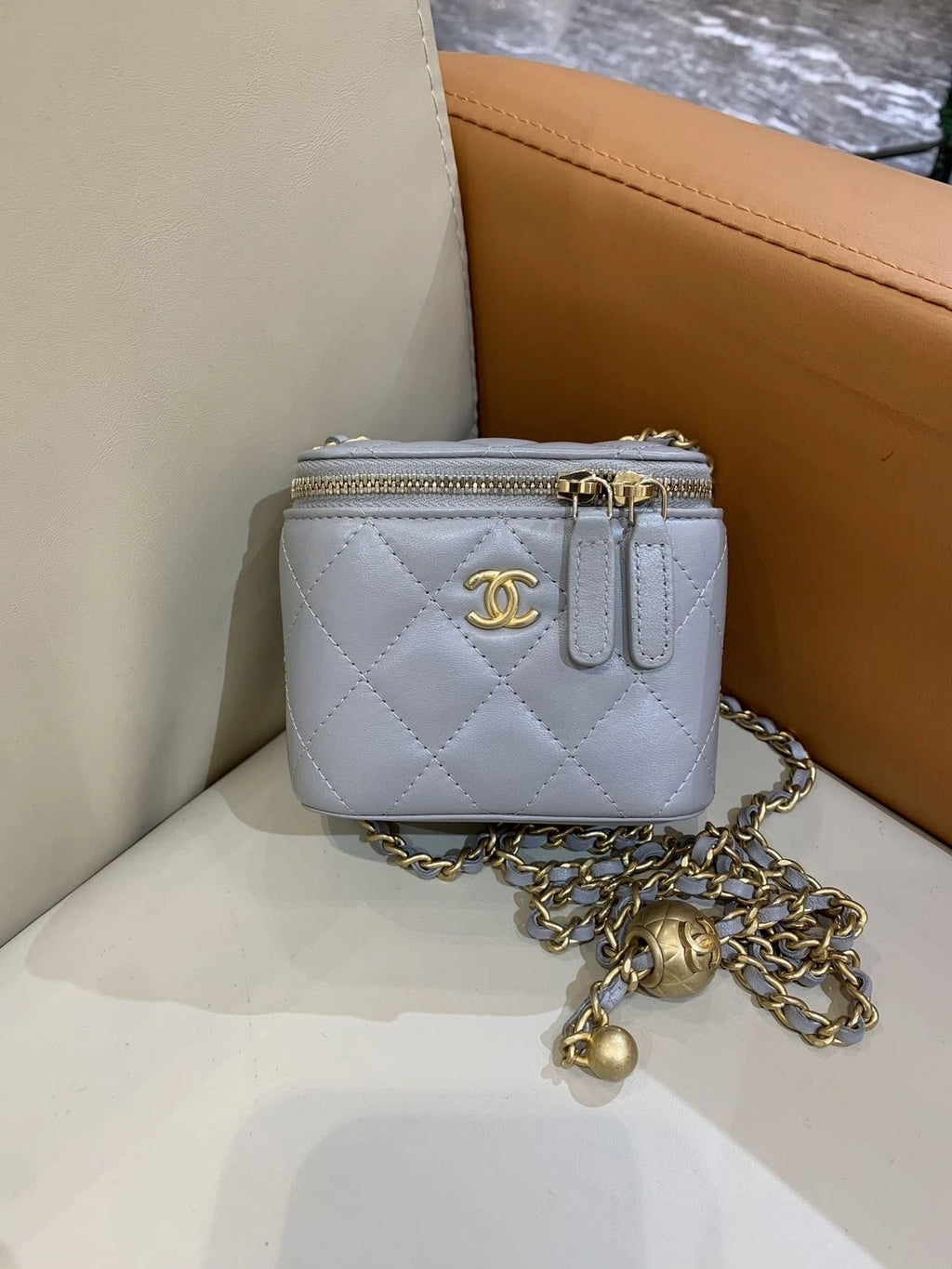 CHANEL Light Gray Gold Ball Box Shoulder Bag For Women