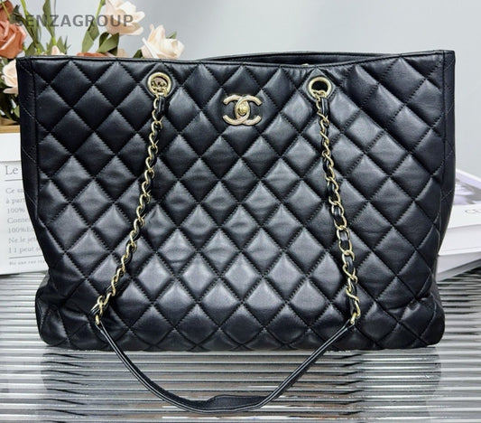 Chanel GST Calfskin Tote Chain Shoulder Bag Black Gold Women Classic Diamond