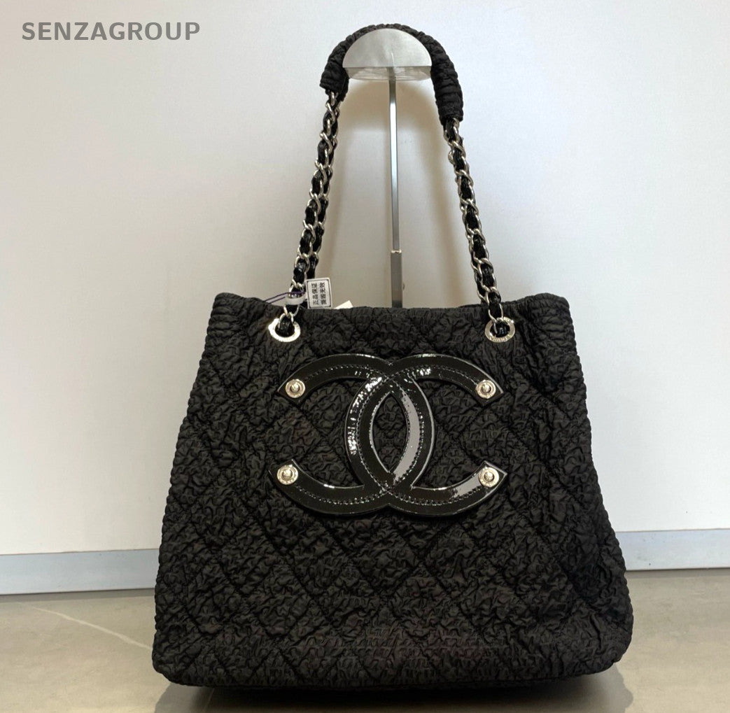 Chanel Nylon Tote Chain Shoulder Bag Diamond Black Silver Used Women Classic