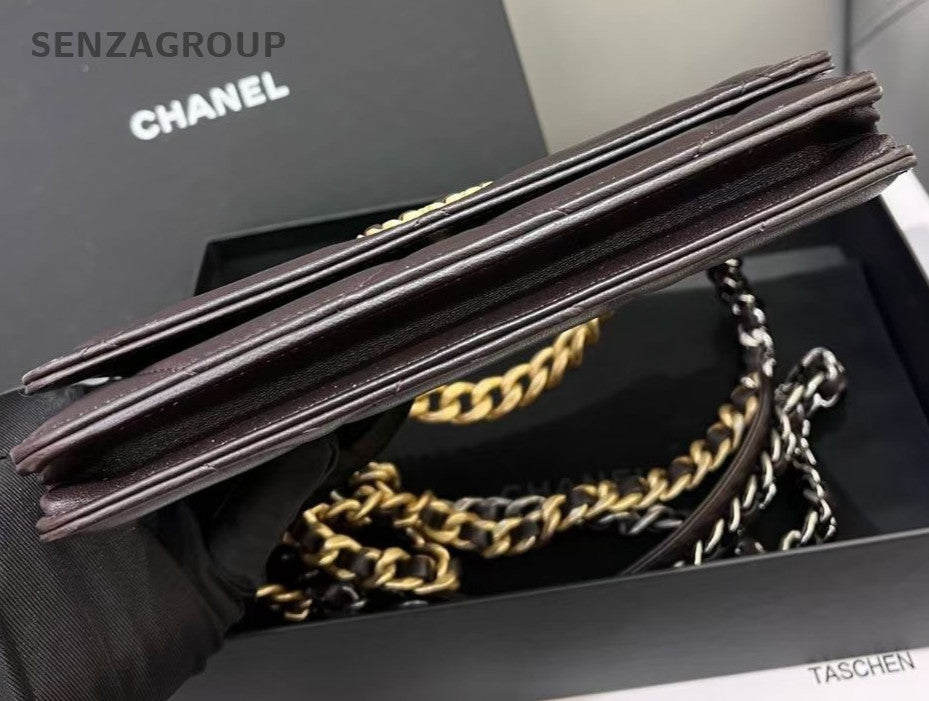 Chanel 19 WOC Chain Diamond Handbag Crossbody Chocolate Brown Gold Women Classic