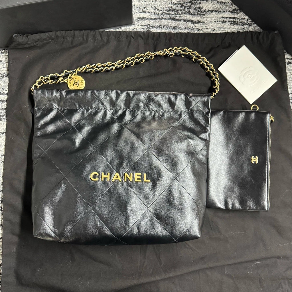New CHANEL Calfskin 22 Small Black Gold Tote Shoulder Bag For Women