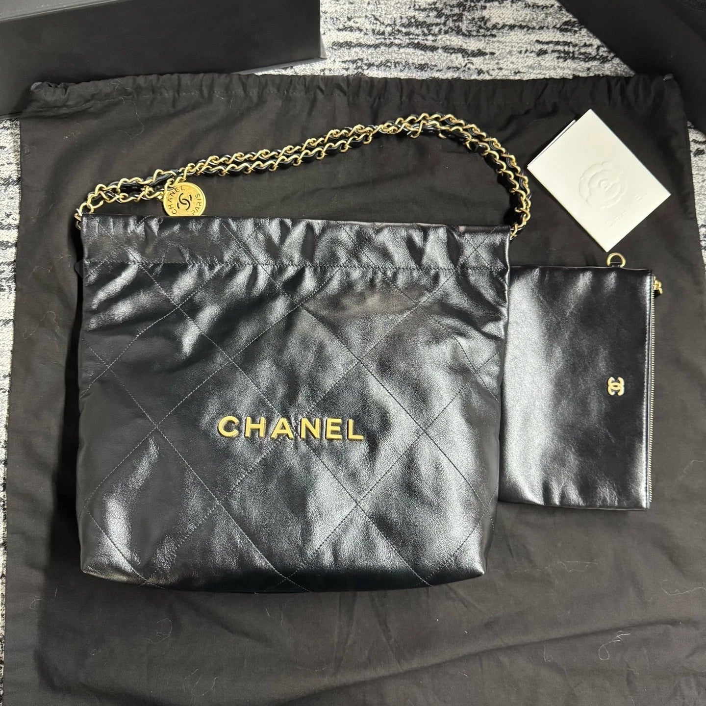 New CHANEL Calfskin 22 Small Black Gold Tote Shoulder Bag For Women
