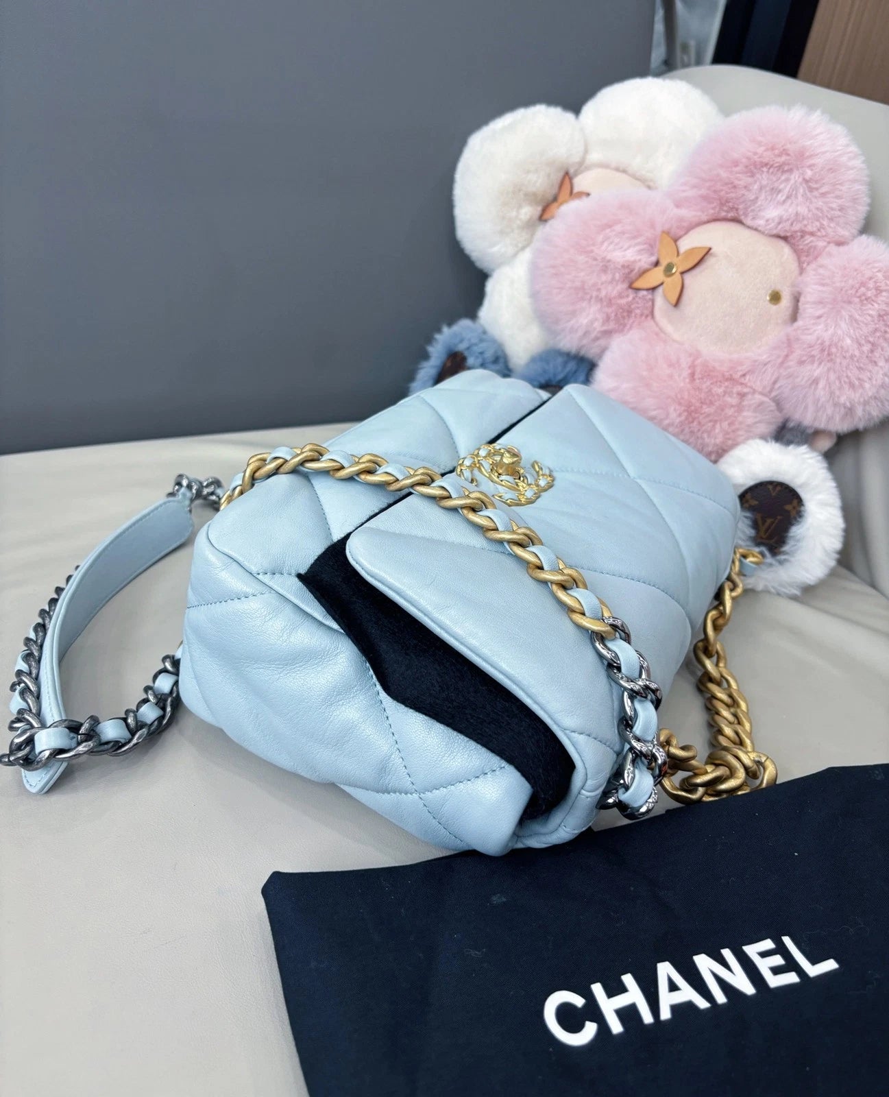 Chanel 19 Small Flap Bag Crossbody Handbag Light Blue Women Classic