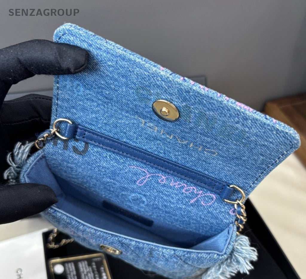 Chanel Diamond Mini Denim Chain Shoulder Bag Crossbody Blue Gold Women Classic