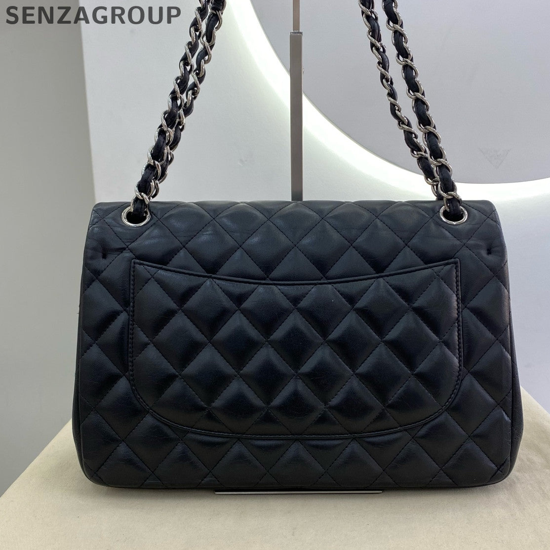 Chanel Classic Flap Jumbo Black Silver Lambskin Chain Shoulder Crossbody Bag