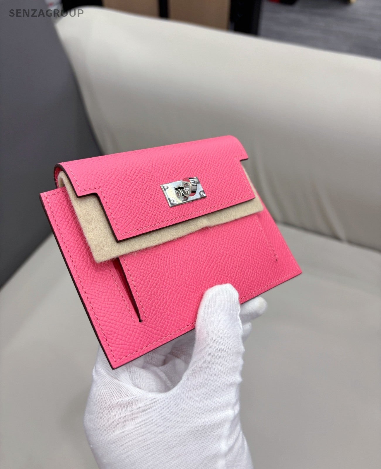 Hermes 8W Kelly Pocket Epsom Leather Pink Silver Women