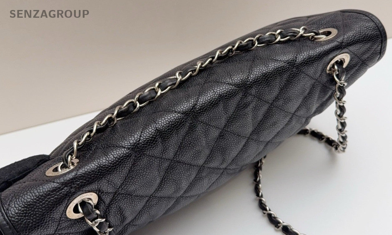 Chanel Classic Flap Calfskin Chain Shoulder Bag Black Silver Women Diamond