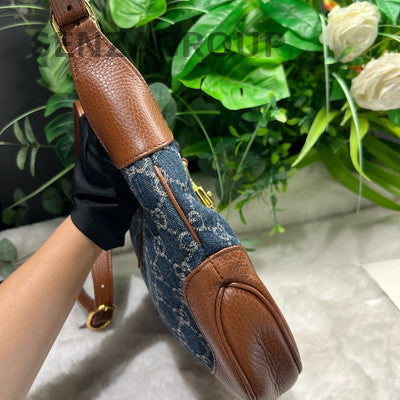 Gucci Denim Shoulder Bag Blue Brown Gold Buckle Classic GG Monogram