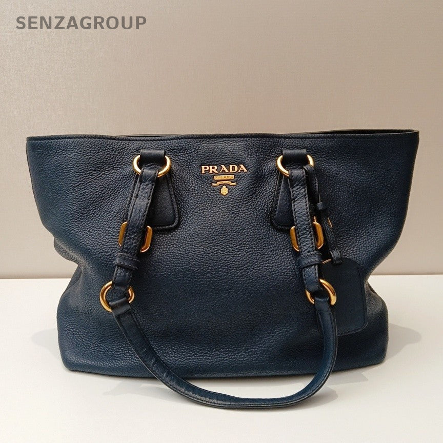 Prada Calfskin Tote Shoulder Bag Blue Gold Used Women Classic