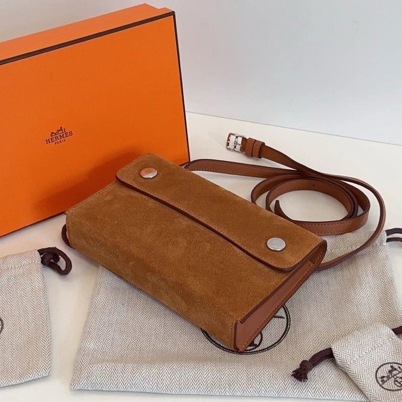 Hermes Snap Wallet Suede Crossbody Brown Silver Used Women Classic