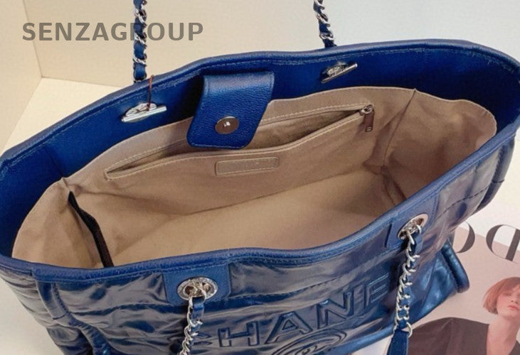 Chanel Calfskin Tote Chain Shoulder Bag Blue Silver Used Women Classic
