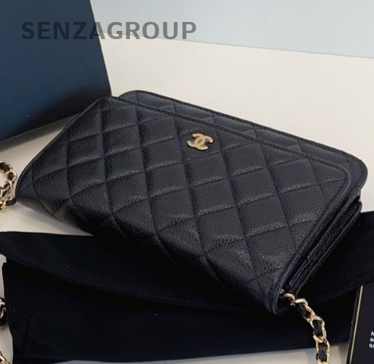 Chanel WOC Chain Shoulder Bag Crossbody Black Gold Women Diamond Classic
