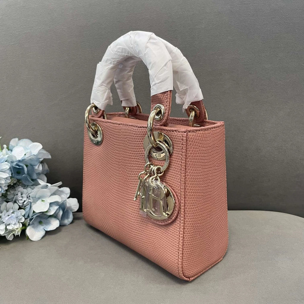 Dior Pink Lizard Leather Lady Dior Gold Hardware Top Handle Bag Women