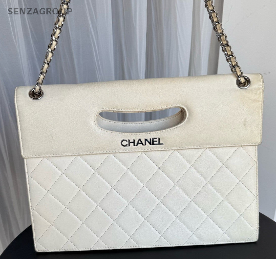 Chanel Diamond Pattern Chain Shoulder Bag White Silver Used Women Classic