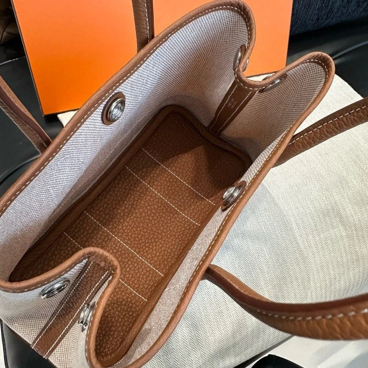 Hermes Garden Party Canvas Mini Top Handle Bag Brown Silver Women Classic D