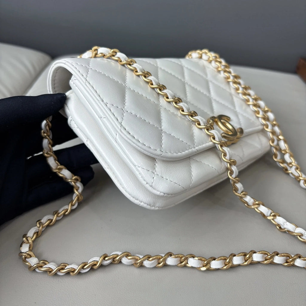 Chanel Chain 2Ways Oil Wax Lambskin Shoulder Crossbody Bag White Women