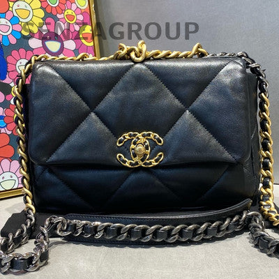 Chanel 19 Small Black Gold Lambskin Chain Shoulder Crossbody Bag Classic